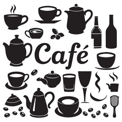 Collection of black silhouette icons representing coffee and cafe elements