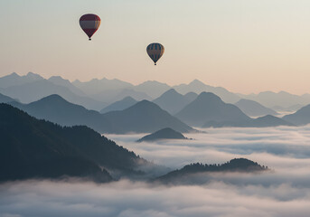 Fototapeta premium Hot air balloons over misty mountains