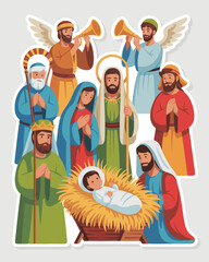 Obraz premium Illustrated Nativity with Baby Jesus, Mary, Joseph, and Angels Art