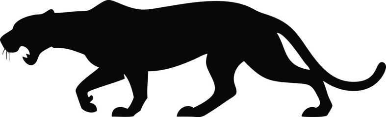 Black silhouette of a powerful panther walking across a white background
