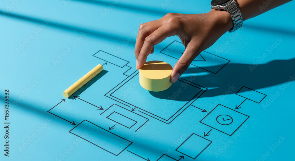 Poster hand placing yellow cylinder on flowchart drawn on blue background, symbolizing process, planning, o