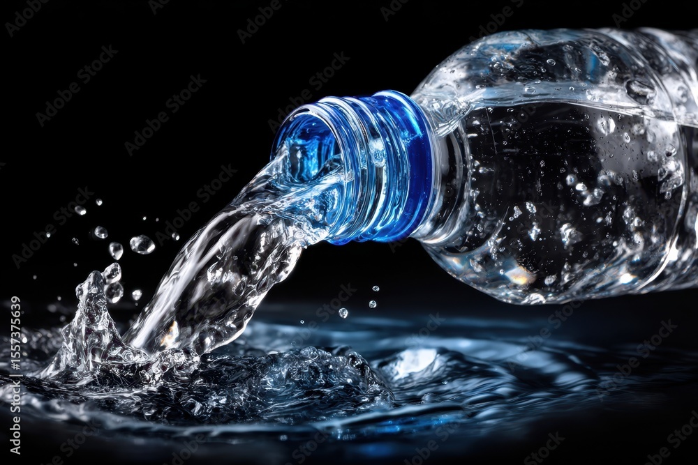 Poster water flowing from a bottle creating ripples in a dark setting