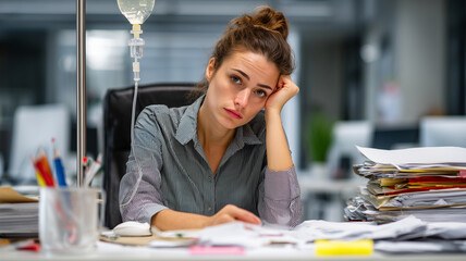 Caucasian woman in business casual outfit sitting at office desk with paperwork and pen, shelves in background, neutral indoor lighting
