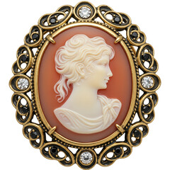 Antique cameo brooch with classical lady profile, isolated on transparent background. Carved decorative accessory