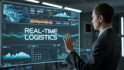 Professional analyzing futuristic digital logistics interface in modern control room for optimized supply chain management.