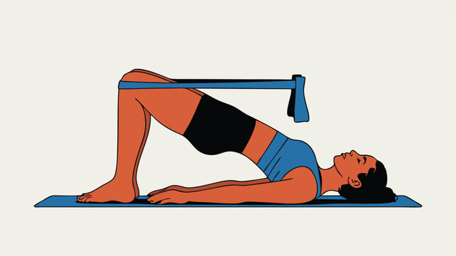 Woman Doing Glute Bridge Exercise with Resistance Band on Blue Yoga Mat