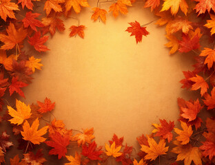 Autumn-themed background with a frame of orange and red maple leaves