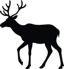 Elegant black silhouette of a reindeer with large antlers walking across a white background