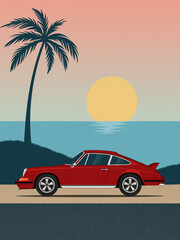 Flat-style illustration of a classic red car parked by the seaside at dusk, with waves, palm trees, and a warm sunset sky in the background.