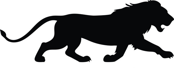 Powerful black silhouette of a roaring lion showing its might and majesty in movement