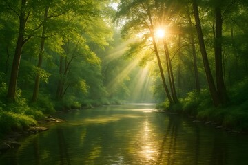 Obraz premium Serene Sunlight Streaming Through Trees by Tranquil Riverbank