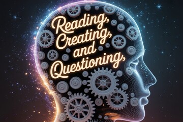 Silhouette of a head filled with gears, symbolizing creativity, reading, and questioning against a starry backdrop.