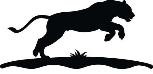 Silhouette of a jumping leopard on a grassy hillside against a white background