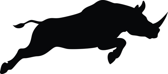 Silhouette of a jumping rhinoceros in black isolated against a white background