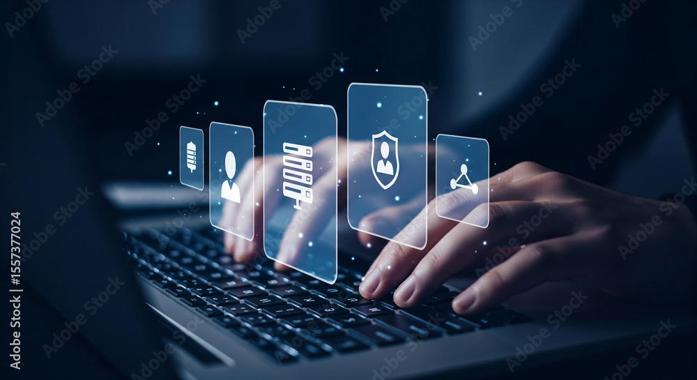 Poster hands typing on laptop keyboard, digital icons of user profile, data server, security shield and net