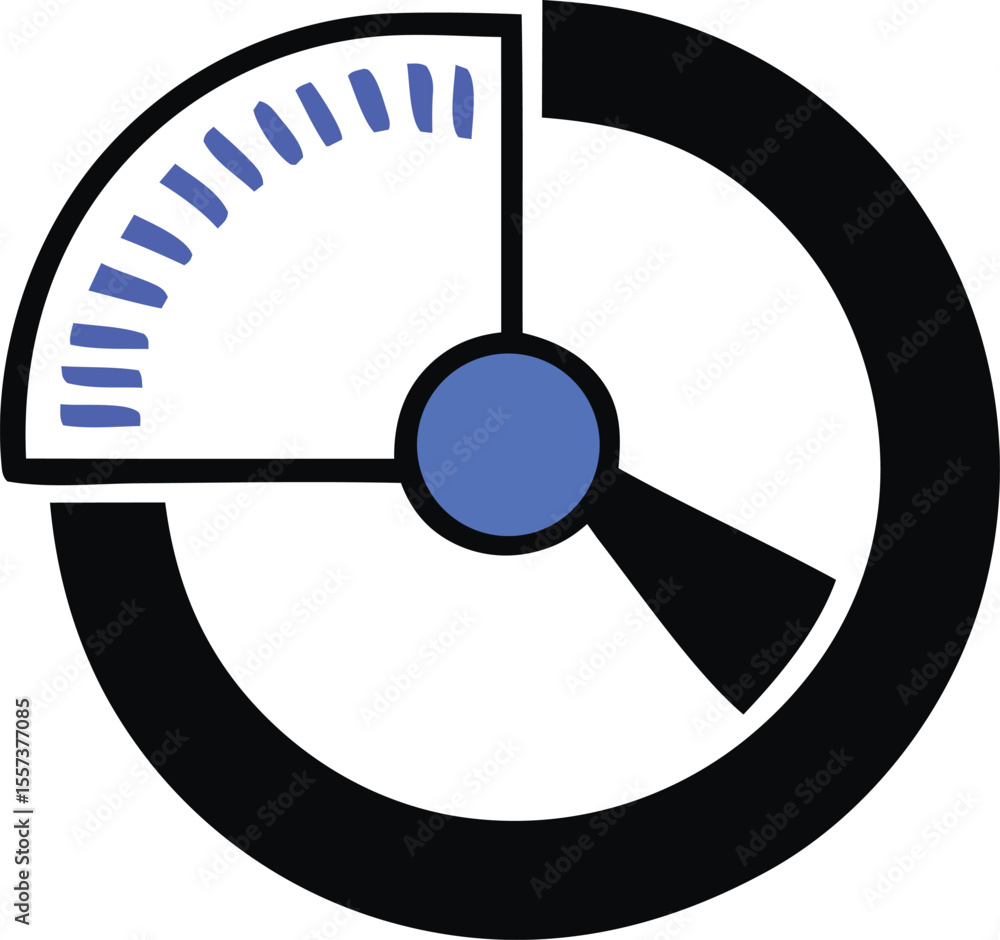 Poster stylized circular gauge with blue markings and a black pointer indicating a partial measurement on a