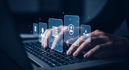 Hands typing on laptop keyboard, digital icons of user profile, data server, security shield and network connection hovering above, showcasing online security and data management concept