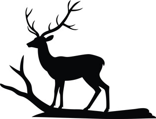 Silhouette of a majestic stag standing on a branch against a clean white background