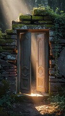 Sunlight streams through open rustic door in forest, creating a mystical and enchanting woodland scene.