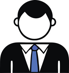 Stylized icon of a person wearing a black suit and a blue tie representing a professional or businessman