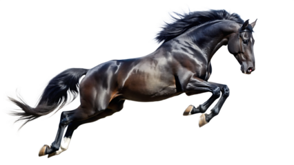 Sleek black horse mid-air jump with flowing mane and tail against black isolated on a transparent background