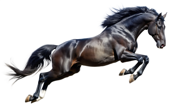Sleek black horse mid-air jump with flowing mane and tail against black isolated on a transparent background
