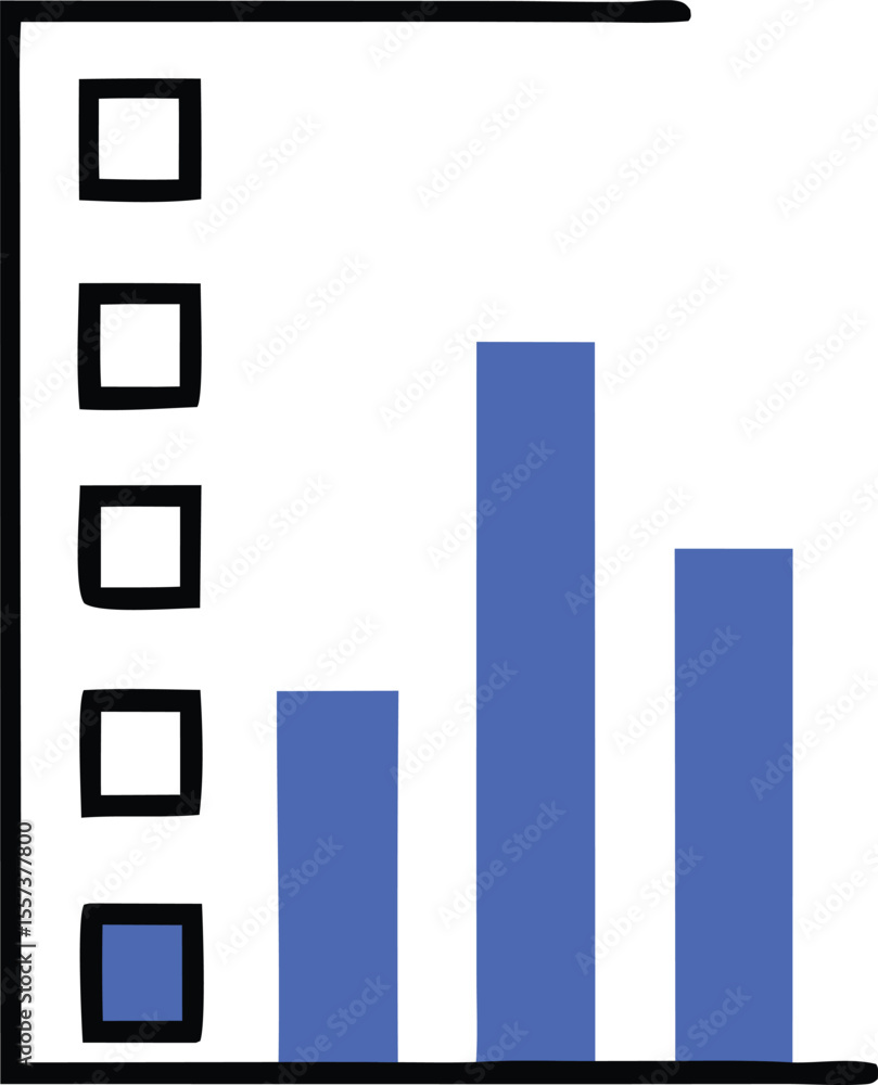 Poster simple hand drawn bar chart with blue bars and empty squares on the left side indicating data points