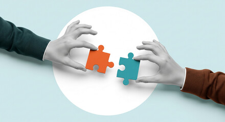 Two hands connect orange and teal puzzle pieces against a pale blue background with a white circle, symbolizing collaboration, teamwork, and problem-solving