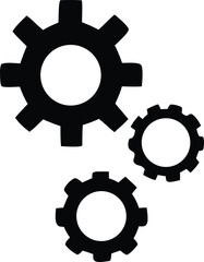Three black silhouette gears of varying sizes are arranged in a dynamic composition against a clean white background symbolizing mechanical connection and industry