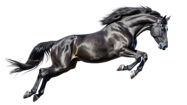 Sleek black horse mid-air jump with flowing mane and tail isolated on a transparent background jumping