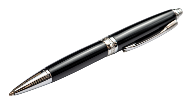 A close up shot of a black and silver pen on a dark black background on transparent background