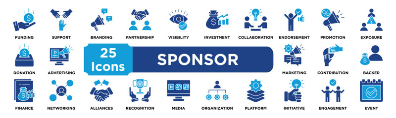 SPONSOR icon collection set. Containing funding,support,branding,partnership,visibility,investment,collaboration,endorsement,promotion,exposure icon. dual tone vector.	