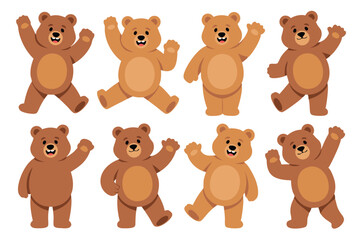 Eight Cartoon Brown Teddy Bears in Various Poses Waving and Jumping on a White Background