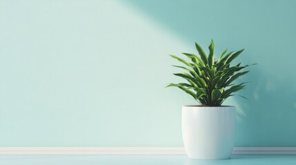 Green Plant in White Pot Against Light Blue Wall 