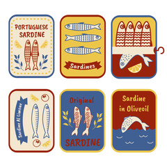 Hand drawn sardine tin illustrations. Vintage doodle style canned fish labels. Portuguese sardines, lemon olive oil seafood, retro fish packaging icons. 
Coastal Mediterranean product sketch art.