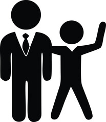 Business professional with tie stands next to a person raising their hand in a welcoming gesture or seeking attention