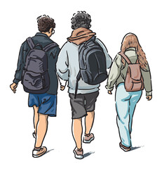 Three teens students friends with backpacks walking outdoors together, freehand drawing, realistic vector illustration isolated on white