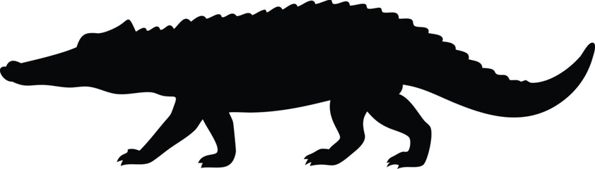 Silhouetted illustration of a crocodile or alligator in a walking pose against white background