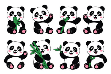 Naklejka premium Group of Happy Cartoon Pandas Sitting, Waving, and Eating Bamboo on White Background