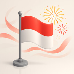 Republic of Indonesia flag object illustration. Indonesian bicolor flag on flagpole waving in wind