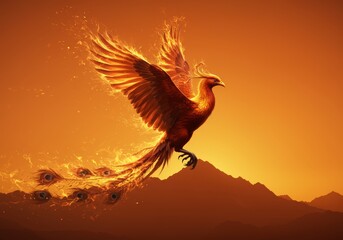 Fototapeta premium Fiery Phoenix Rising Over Majestic Mountains