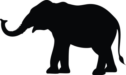 Simple black silhouette of a large african elephant on a plain white background