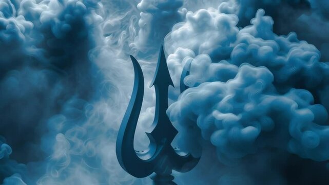 Silhouette of a trident rising through thick mystical smoke in a dramatic blue-toned atmosphere, symbolizing power and divine strength.