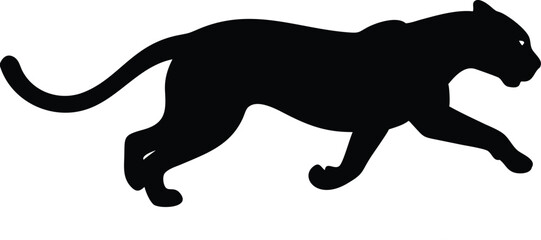 Sleek black silhouette of a pouncing panther against a clean white background