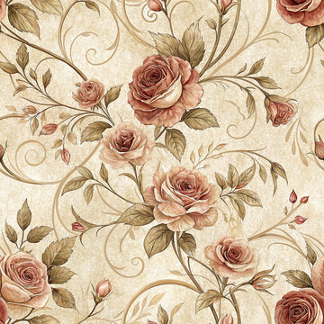 Fototapeta Vintage rose floral pattern with swirling vines and textured background