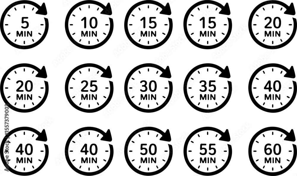 Wall mural clock timer icons minute intervals circular arrow vector