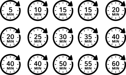 Clock timer icons minute intervals circular arrow vector