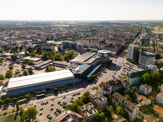 Novi Sad, Serbia - June 27, 2025: Aerial view of the settlements Sajmiste in Novi Sad and fair building