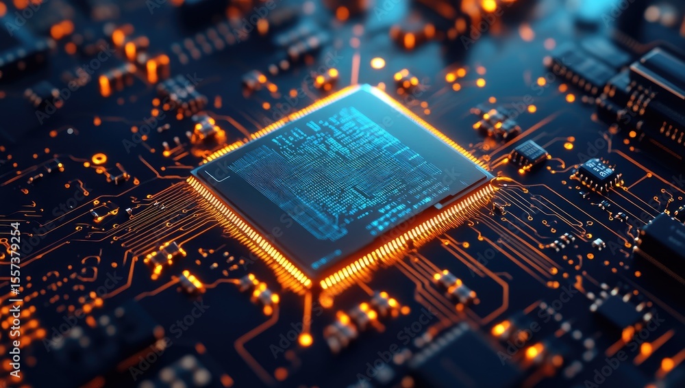 Poster close-up of a glowing circuit board with a central processor chip