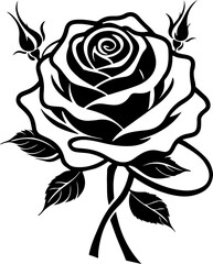 black and white illustration of a stylized rose, featuring bold, flowing lines and intricate detailing